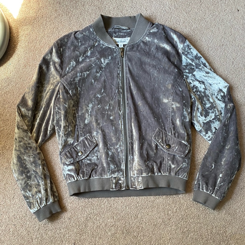 Gray Velvety Bomber Jacket